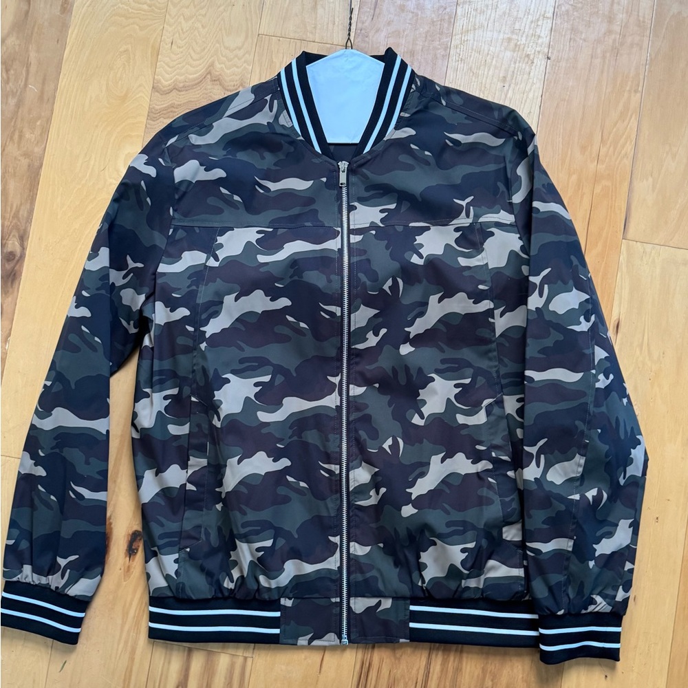 Camo Bomber Jacket with Striped Collar